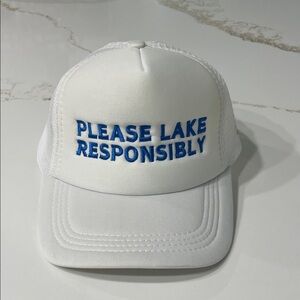 White Trucker Hat with Blue PLEASE LAKE RESPONSIBLY Embroidery
